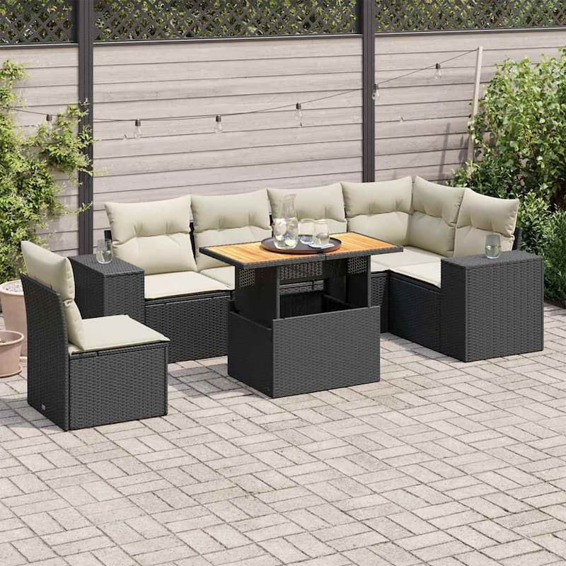 vidaXL Patio Sofa Set with Cushions Table and Modular Sofas 7 Piece Poly Rattan - Black and cream