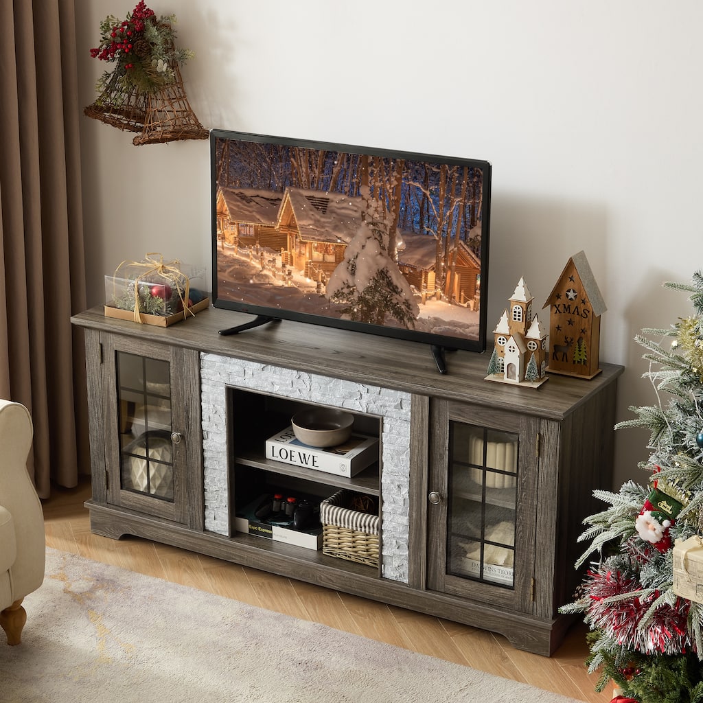 GDFStudio Lysander Wood TV Stand with Faux Stone and 2-Door Storage