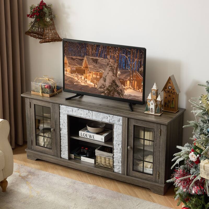 GDFStudio Lysander Wood TV Stand with Faux Stone and 2-Door Storage - Grey