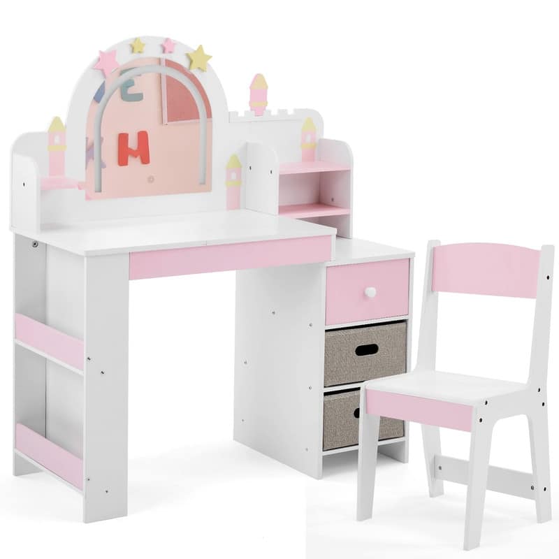 Kids MDF Vanity Table Set In White And Pink With 1 Drawer And Storage Rack - N/A - White
