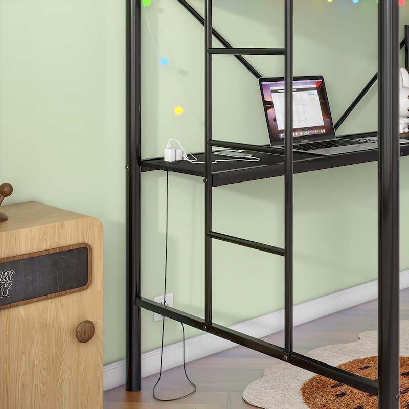 Twin Metal Loft Bed with Built-In Desk, LED Lighting, Power Outlets & USB Ports, Safety Guardrails, Dual Ladders