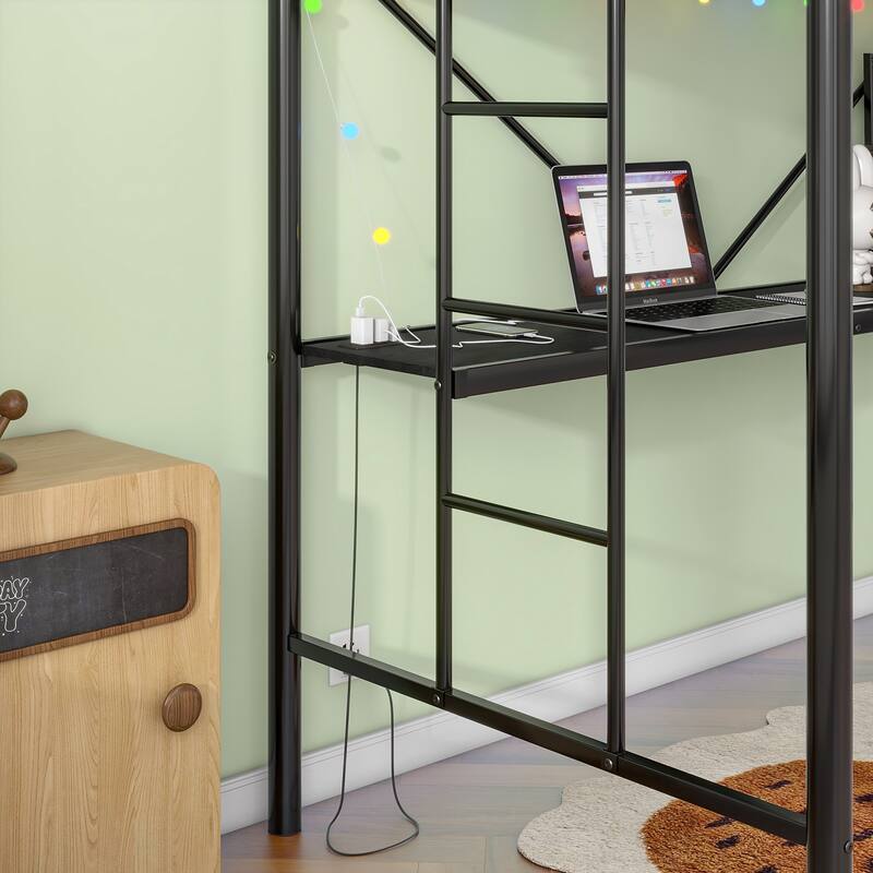 Twin Metal Loft Bed with Desk, Power Outlet, LED Lights, Safety Guard Rails, and Ladder, Black