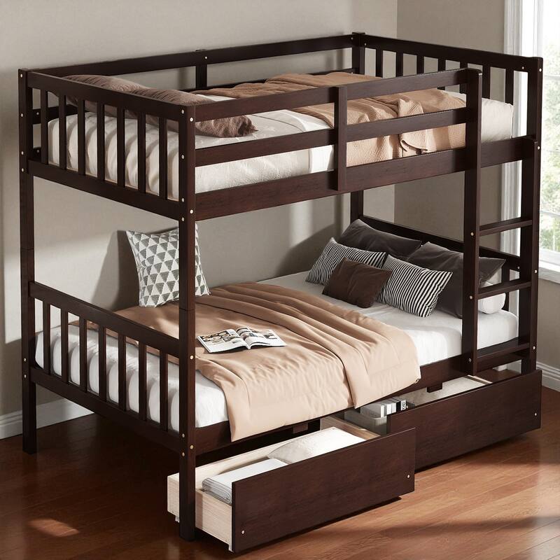 Twin Over Twin Rubber Wood Bunk Bed with 2 Drawers, Convertible into 2 Twin Beds, Ladder and Safety Guardrails