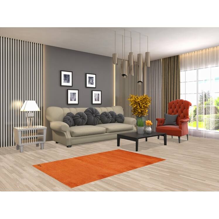 Orange Modern Gabbeh Foyer Rug Solid Hand-Knotted Wool Carpet - 3'1" x 4'11"