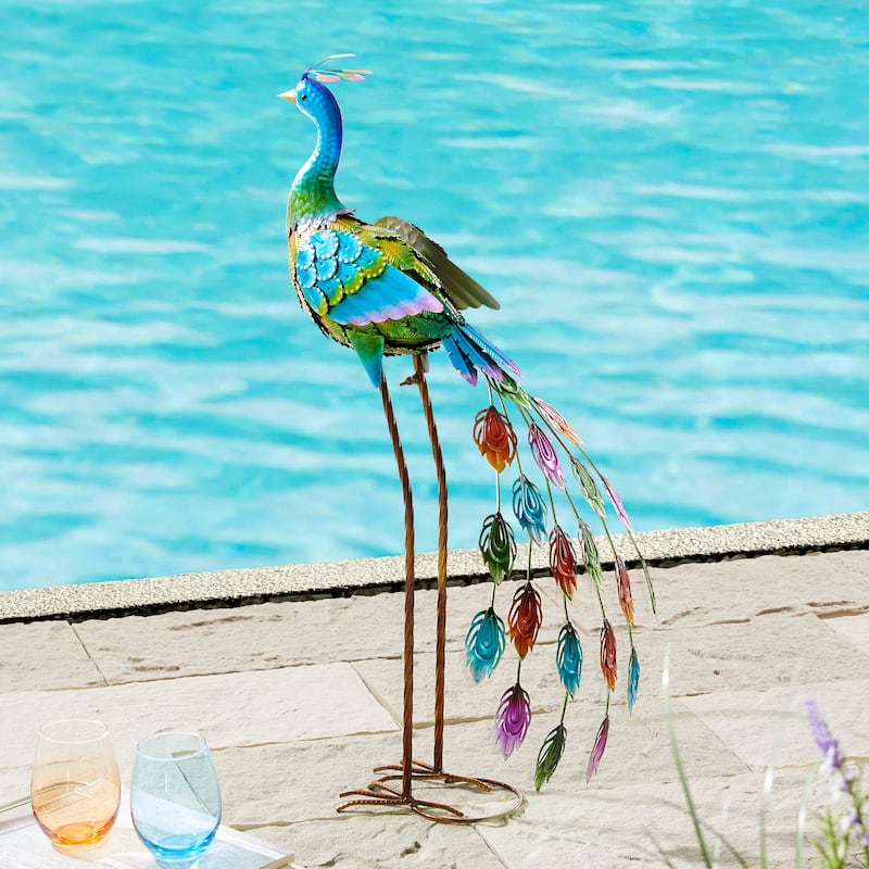 Glitzhome Metal Standing Peacock Garden Statue with Stakes for Indoor Outdoor