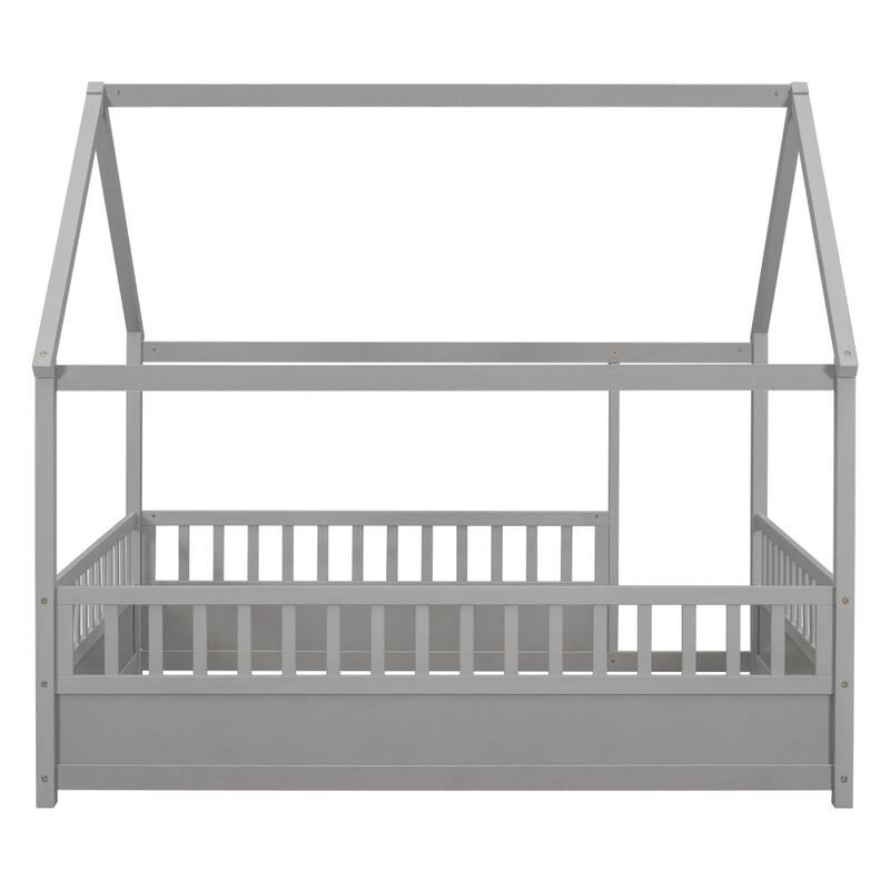 Full Size Floor Wooden Bed with House Roof Frame, Fence Guardrails