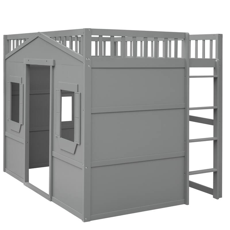 Full Size Wood Loft Bed with Ladder in Gray, Solid Pine Construction, Durable and Stylish