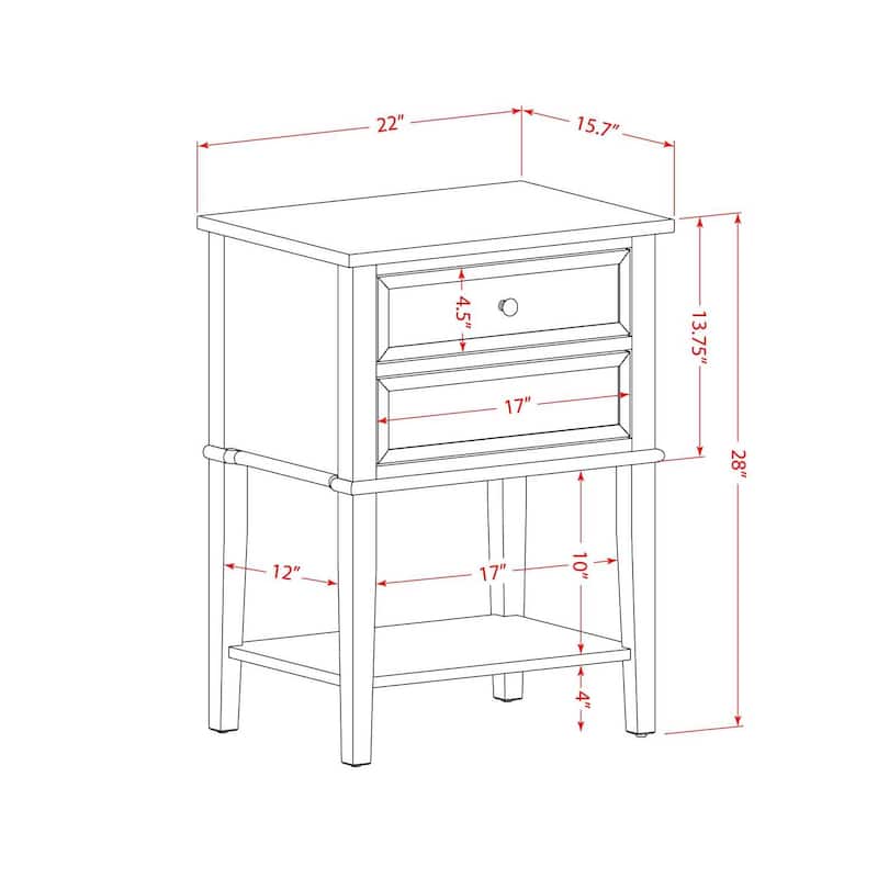 Modern End Table with 2 Drawers - Rectangle Nightstand for Bedroom - 16x22 Inch - 28