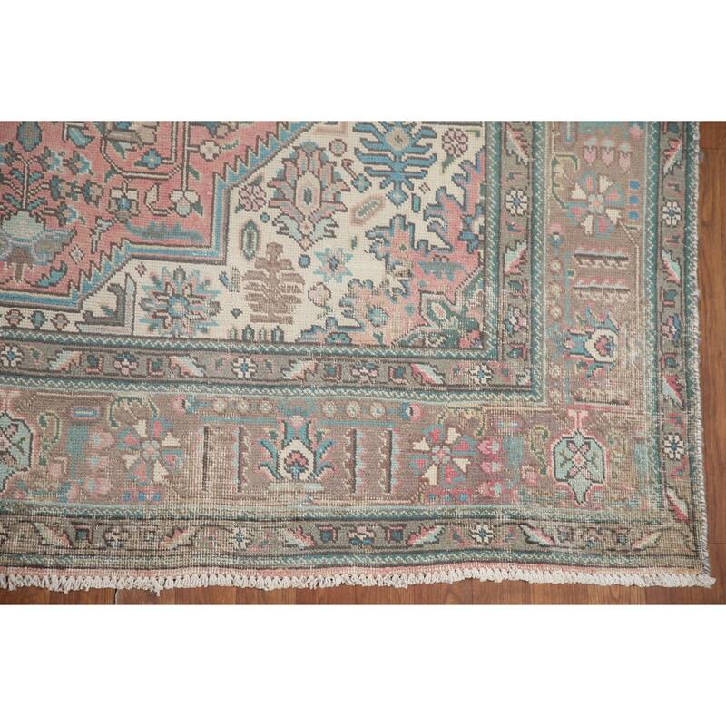 Hand Knotted Oriental 100% Wool Carpet Traditional Medallion Pink Tabriz Area Rug - 9' 7'' X 6' 7''