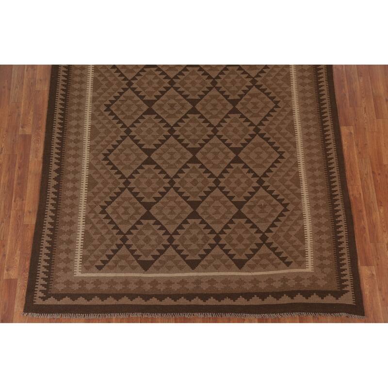 Hand Woven Oriental 100% Wool Carpet Southwestern Geometric Brown Kilim Area Rug - 9' 7'' X 6' 8''