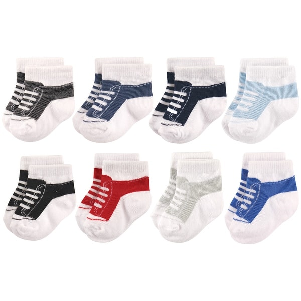 slide 1 of 1, Hudson Baby Infant Boy Cotton Rich Newborn and Terry Socks, Sneaker Black Blue 12-24 Months - Sneaker Black Blue