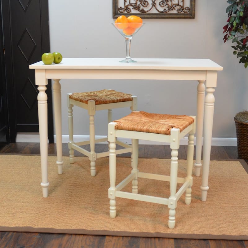 24" Antique White and Beige Counter Stool with Hand Woven Rush Seat