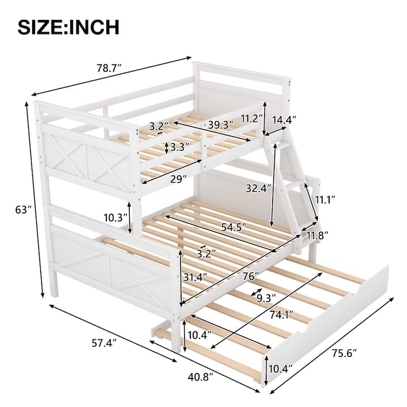 White Twin over Full Bunk Bed with Inclined Ladder, Trundle, and Guardrails