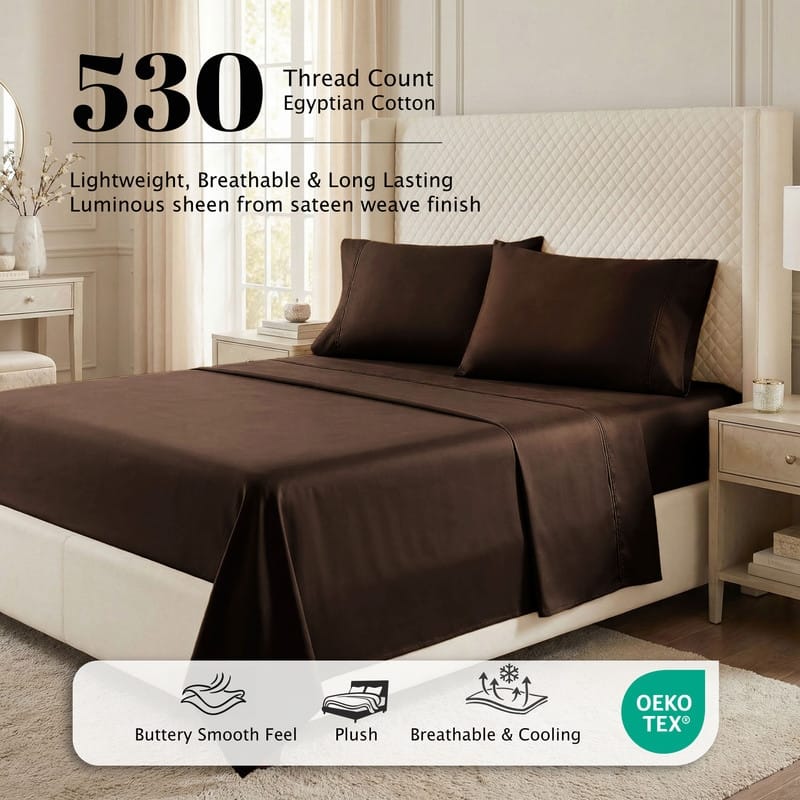 Superior Egyptian Cotton 530 TC Sheet Set Sateen Weave, Deep Pocket, Ultra‑Soft & Breathable Bedding