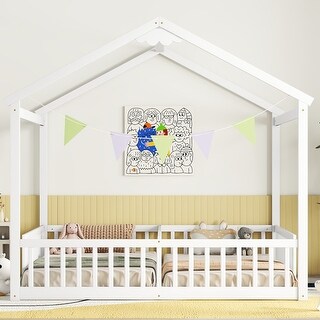 Double Twin Size Pine Wood House Floor Bed w/Fence & Guardrails, White