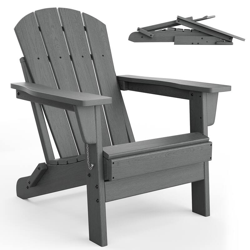Folding Adirondack Chair, Outdoor Wooden Lounge Chair, Modern Lounger Adirondack Chair Ergonomic Extended Backrest - Grey