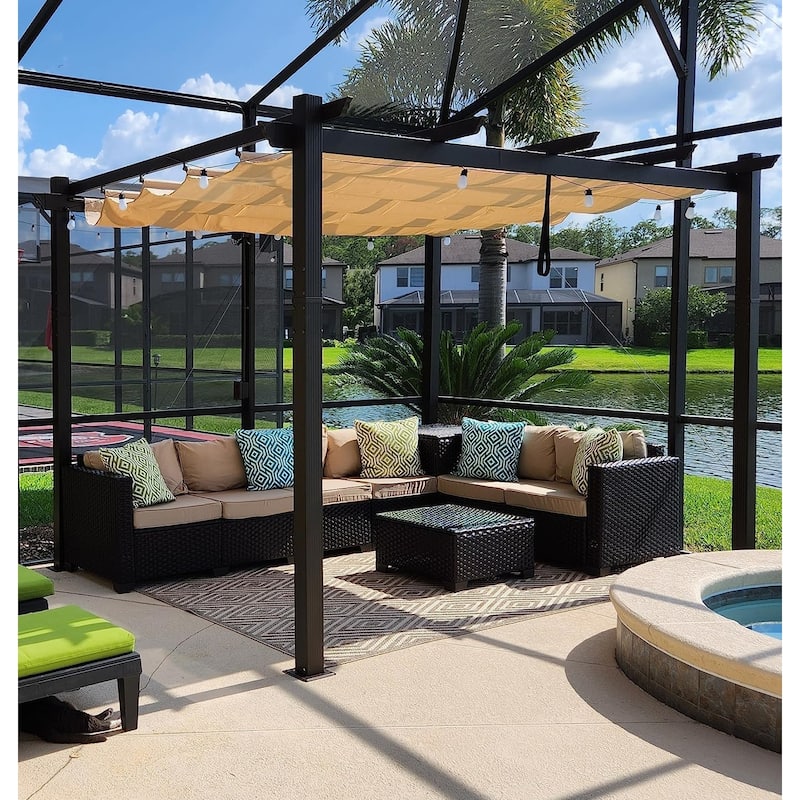 PURPLE LEAF Outdoor Retractable Bronze Metal Pergola w Canopy for Beach Deck Gazebo