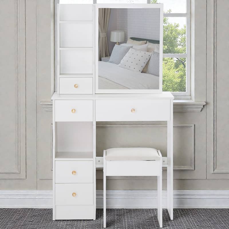 Small Space Vanity Table with Sliding Mirror and Stool, 29.2 Inch Makeup Dresser with Drawer Storage - White