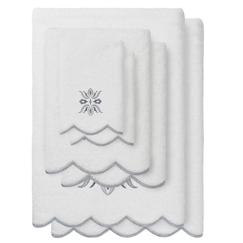 Authentic Hotel and Spa 100% Turkish Cotton FLOWER CREST Scallop Towel Collection - White/Grey - 6 Piece Set