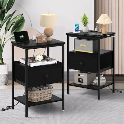 Set of 2 Nightstand with Charging Station and USB Ports, Night Stand with Fabric Drawer, 3-Tier Storage End Tables