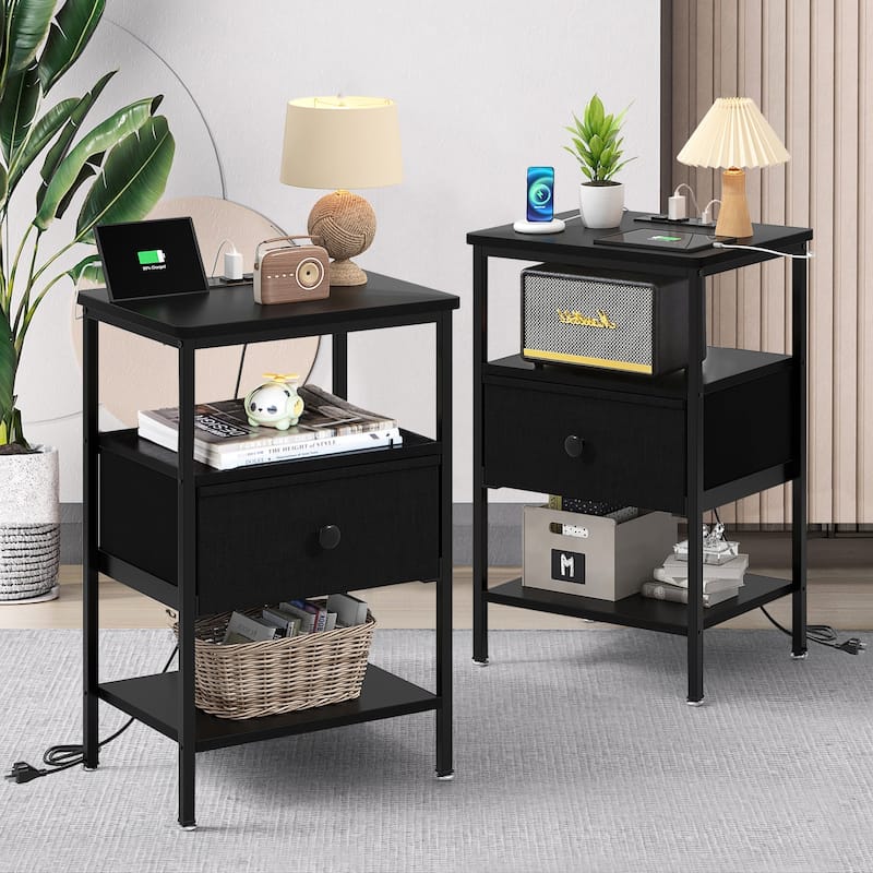 VECELO Nightstand Set with Charging Station 2 AC Outlets & 2 USB Ports 24-Inch High nightstand with Fabric Drawer 2 Open Shelves - Black