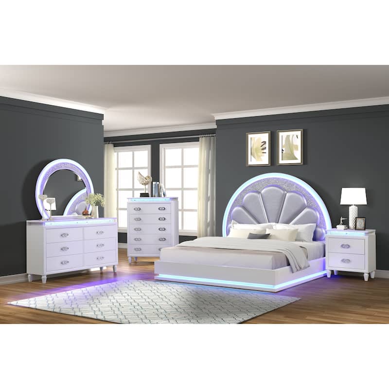 Queen Size LED Bed Made with Wood in Milky White
