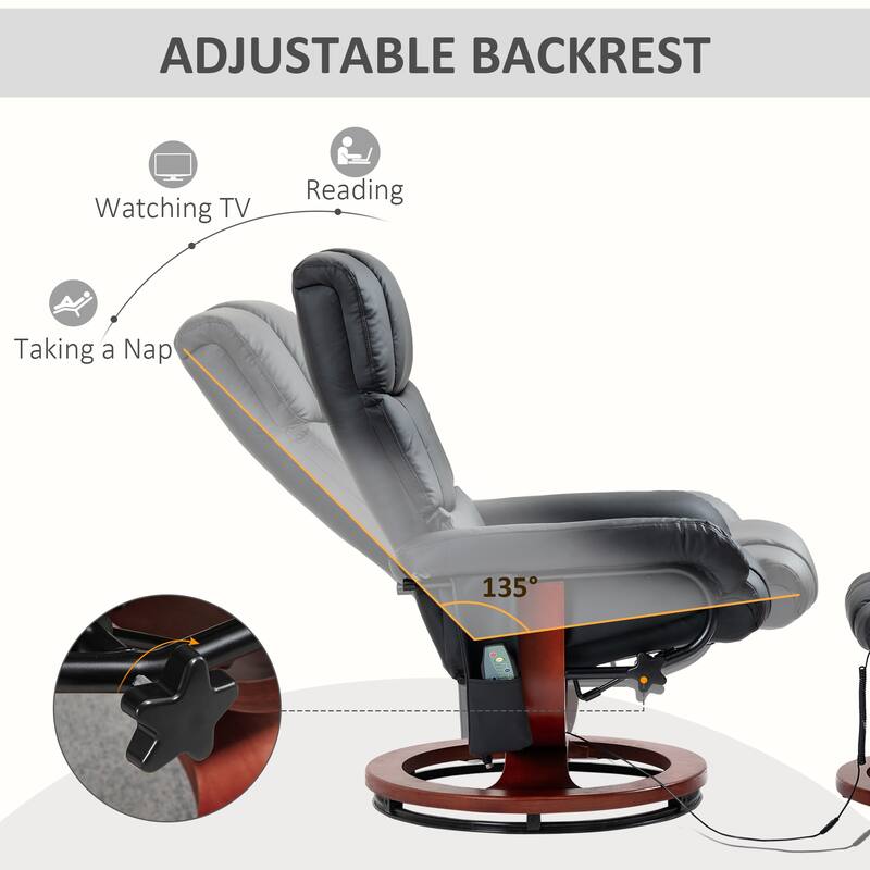 360° Swivel Reclining Massage Chair PU Leather Sofa Chair with Ottoman, 10 Point Vibration, Remote and Side Pocket