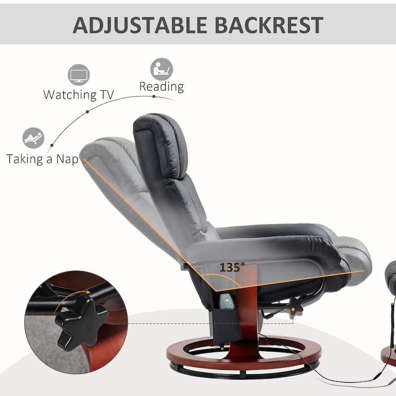 Black Modern 28.8" High Back Upholstered 360° Swivel Recliner Chair with Ottoman and Remote Control