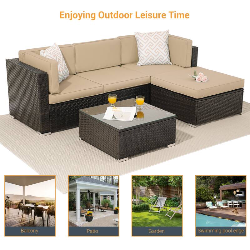 LIVOOSUN 5Pcs Outdoor Furniture Conversation PE Rattan Wicker Sofa Set