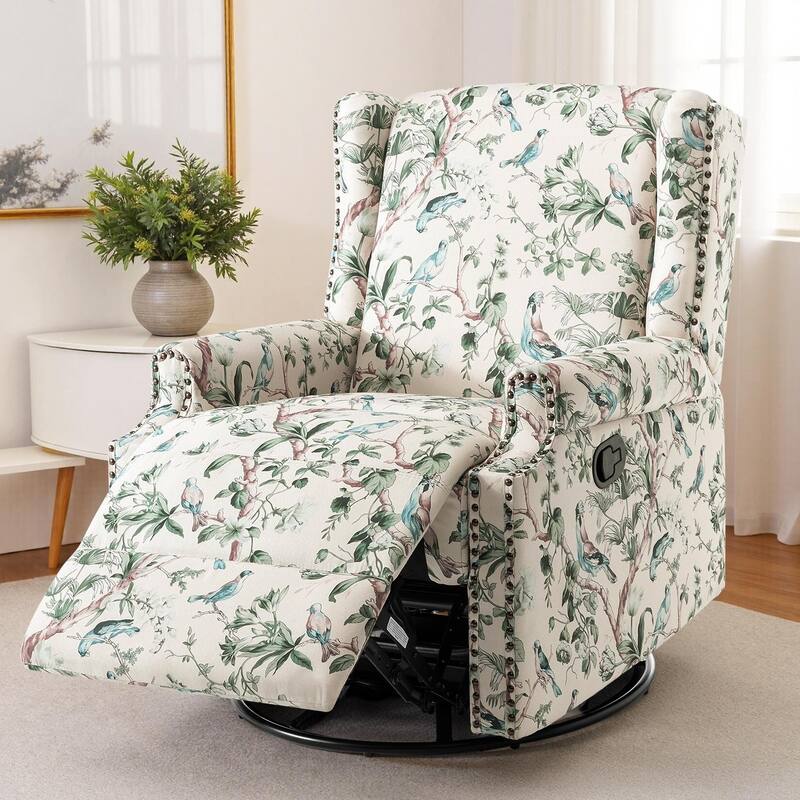Patterned Linen Swivel Manual Push-Back Recliner Chair - Bird