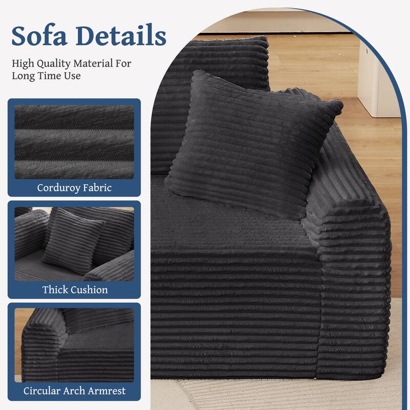 Full-Compression Chaise Lounge Set - Dark Gray Corduroy Sectional with Arched Armrests