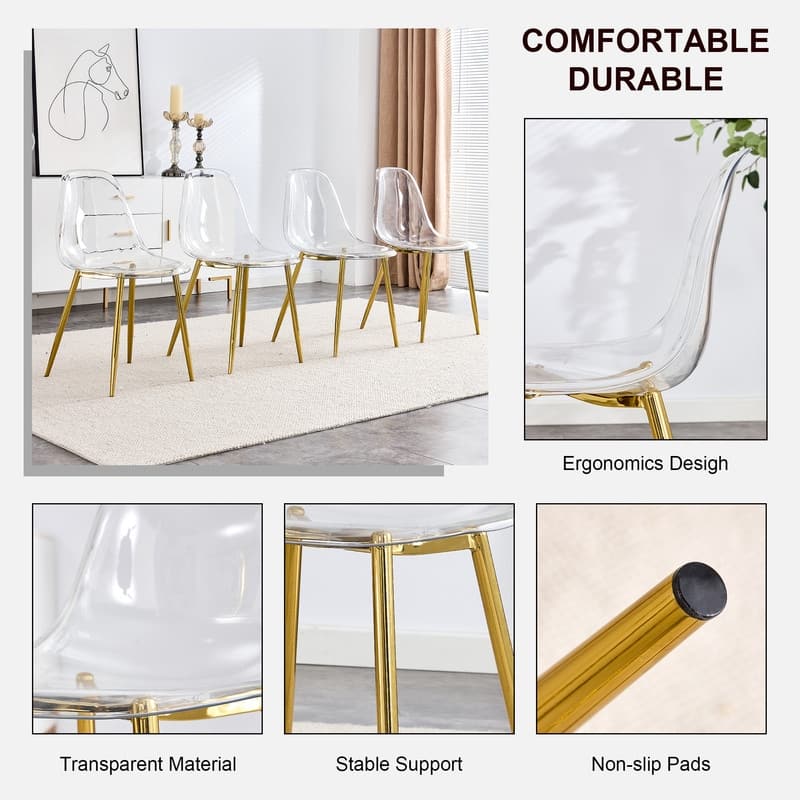 Modern Simple Plastic Dining Chair With Plating Metal Leg, Set of 4