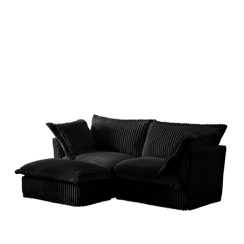 Modern 2 Seater Upholstered Sofa with 1 Ottoman and 2 Pillows - Black