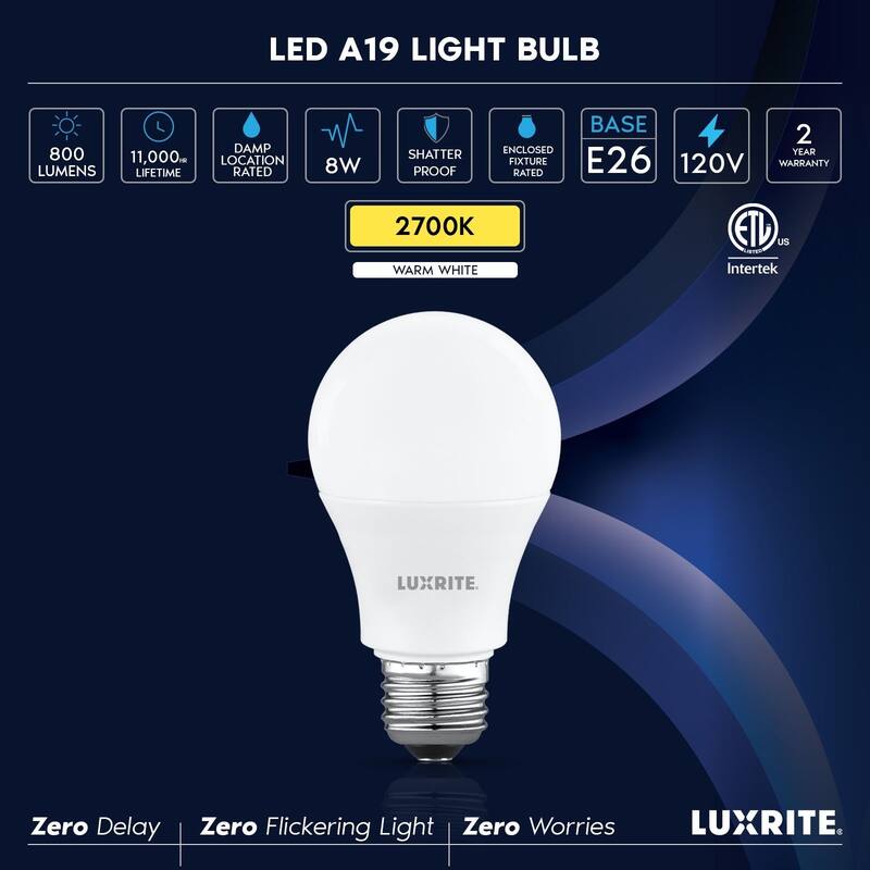 Luxrite A19 LED Light Bulb 8W=60W Non-Dimmable 2700K 800LM E26 Base Damp Rated ETL Listed 8-Pack - Warm White 2700K