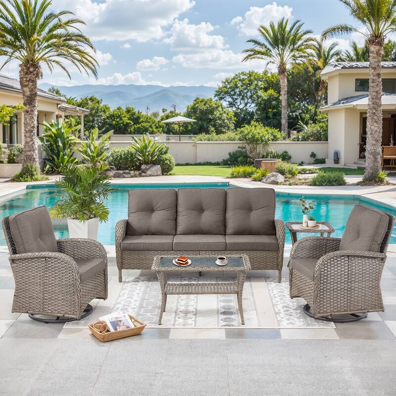 Pocassy Patio Outdoor Sofa Swivel Chairs with Ottman Table Set - Gray Wicker Gray Cushion - 5-Piece Sofa Swivel Chiar with Table