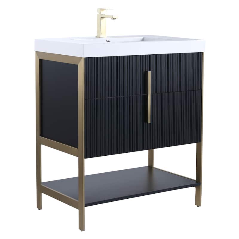 Fine Fixtures Serenity Modern Bathroom Vanity with White Gel Acrylic Top - Black Matte - Brass Hardware - 30 inch