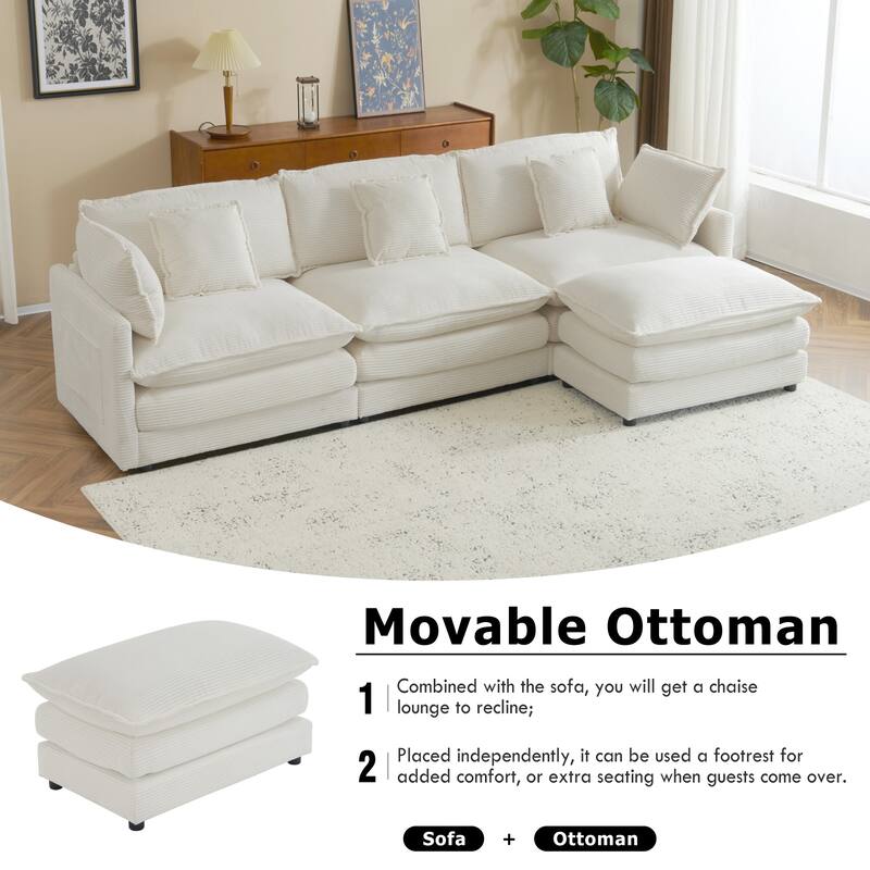 112.6" Corduroy L-Shaped Sectional Sofa with Ottoman and Storage Pockets