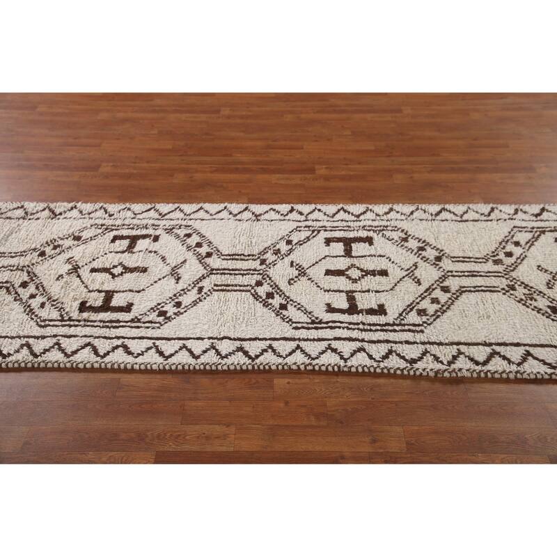 Beige Tribal Anatolian Runner Rug Hand-knotted Wool Carpet - 3'1"x 12'7"