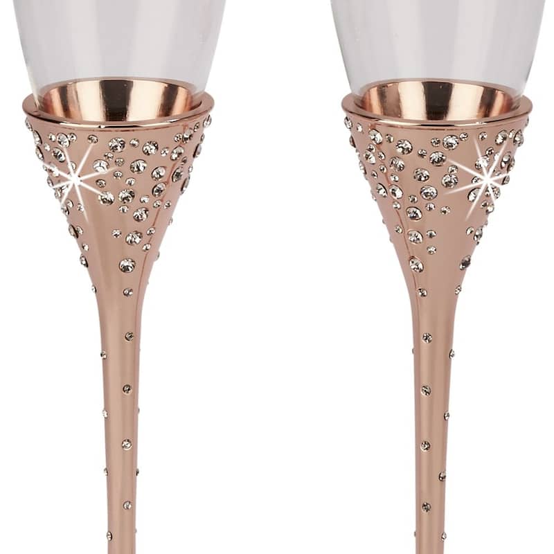 10.5" Rose Gold Champagne Flutes Set of 2 Crystal-Studded Wine Glasses for Parties & Events - 10.5"H