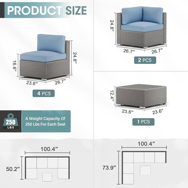 7 Piece Outdoor Patio Furniture Set Grey/Black Wicker Conversation Sectional Sofa Set with Coffee Table and Cushions