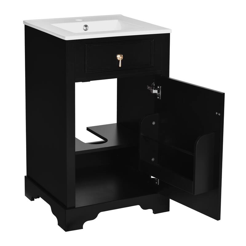 Small Freestanding Cabinet Bathroom Vanity with Water-drop Shaped Metal Pulls, Door-Mounted Storage Rack and Adjustable Shelf