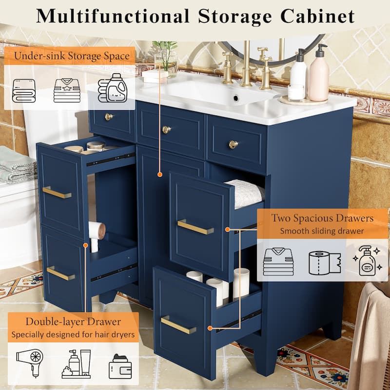 36" Wood Vanity with Ceramic Sink, Soft-Close Doors, Shelves, and Deep Drawers for Storage.