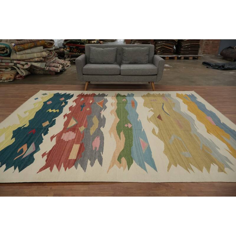 Hand Woven Oriental 100% Wool Carpet Southwestern Modern Multi-Colored Kilim Area Rug - 10' 1'' X 8' 4''