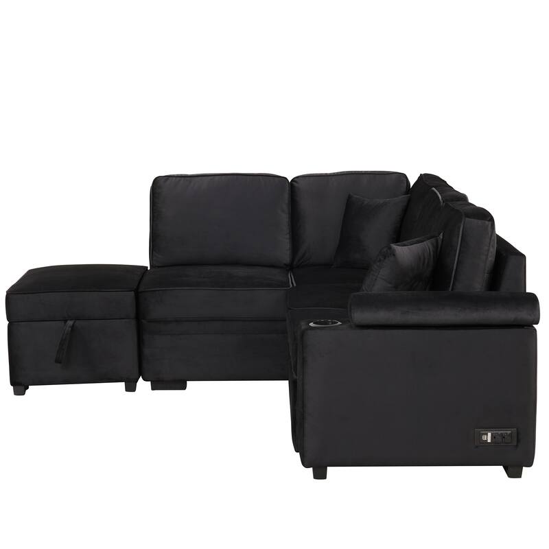 Sleeper Sofa Bed with Storage Ottoman, 2 in 1 Convertible Sectional Sofa Couch, Velvet 4-Seater Sofa with Cup Holder