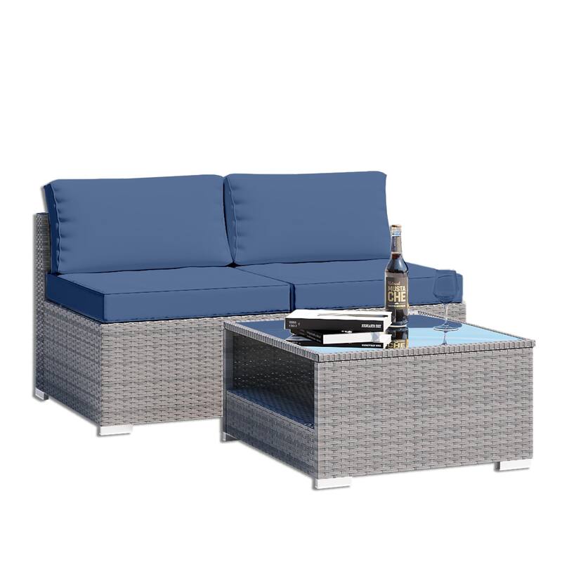 3-Piece Wicker Outdoor Patio Furniture Sectional Conversation Set with Cushion and Side Table