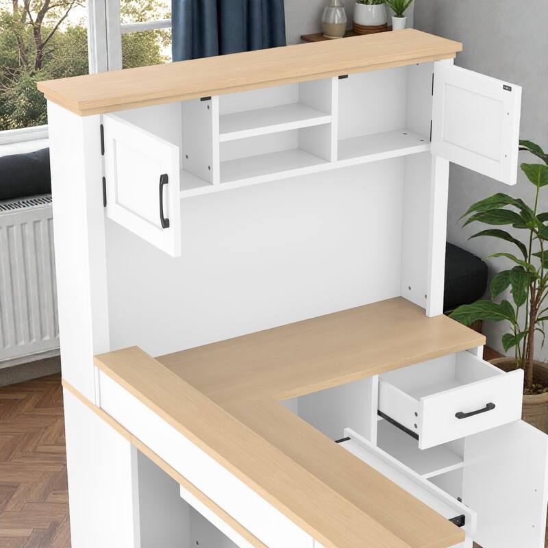 L Shaped Computer Desk with Power Outlet, Corner Desk with Drawers Bookshelf and Storage for Home Office Study