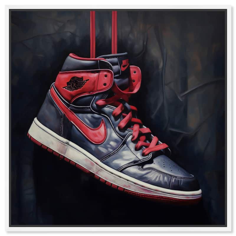 Notoriart Black And Red Hanging Sneaker Framed Sneaker 1 Piece Canvas Wall Art - 17 x 17 - White