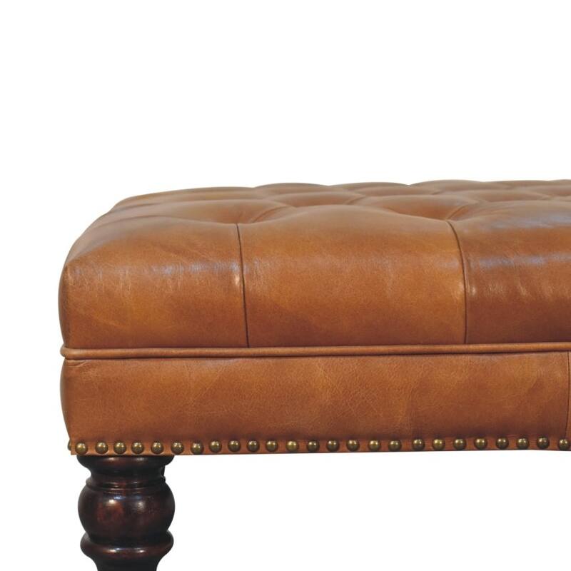 Artisan Furniture Solid Wood Studded Buffalo Tan Leather Ottoman with Castor Legs
