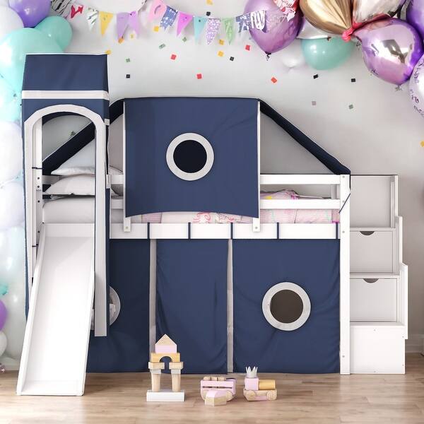 slide 2 of 20, Modern Twin Size Loft Bed With Tent And Tower,Playhouse Inspired,Solid Construction Blue