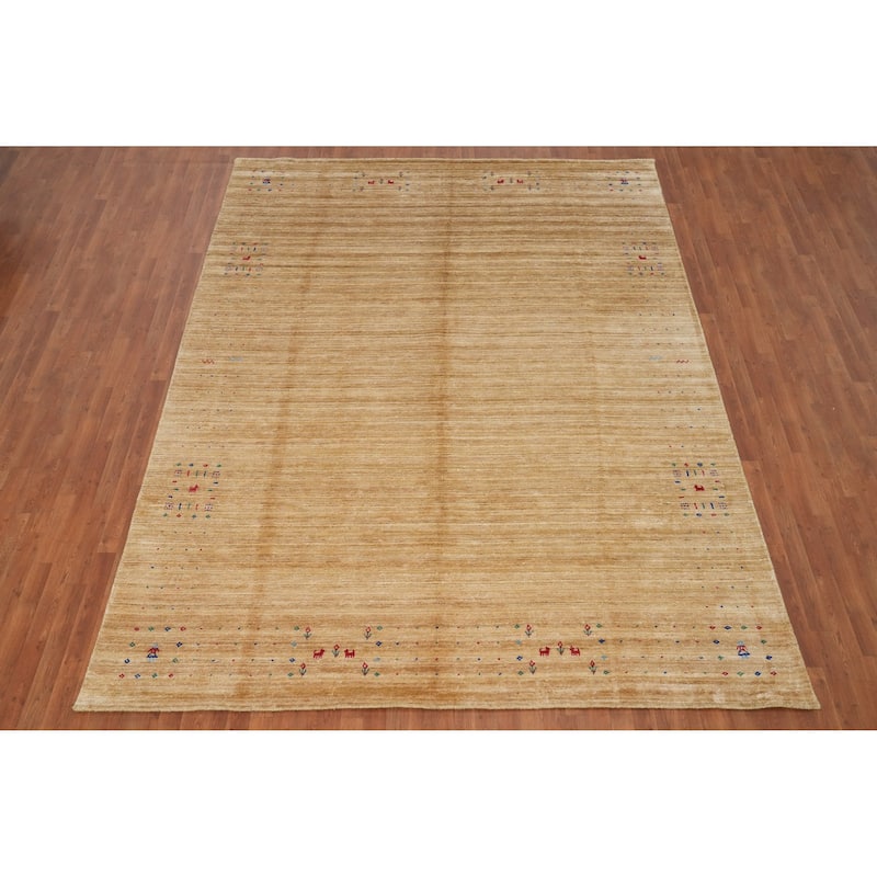 Hand Knotted Oriental Viscose Silk Carpet Tribal Animal Pictorial Yellow & Gold Gabbeh Area Rug - 11' 11'' X 8' 11''
